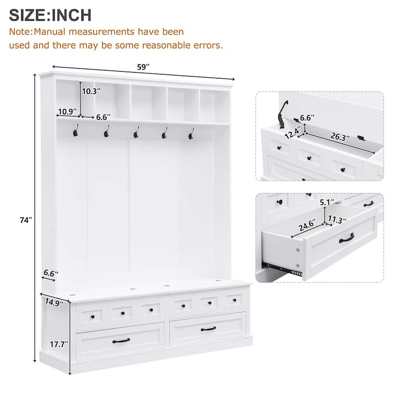 Roomfitters Elegant Wide Hall Tree with Lift-Top Bench, Wooden Mudroom Organizer with 5 Coat Hooks and 2 Storage Sections
