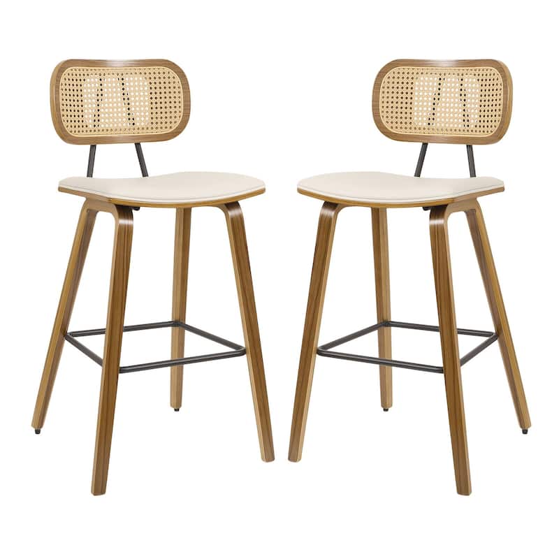 26-inch Wood Counter Height Bar Stools with Rattan Back - Set of 2 - Cream PU-natural frame