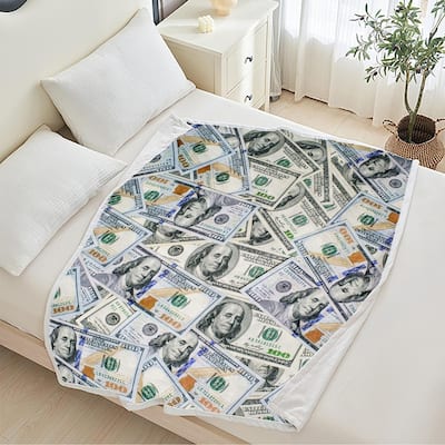 Money Flannel Fleece Blanket 100 Dollar Bills Pattern Print for Couch Bed Sofa