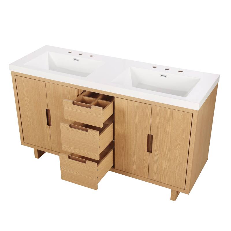 59.3" Modern Bathroom Vanity with Resin Sink, 4 Doors & 3 Drawers, Handle-Free Design, Soft-Close Hinges & Hidden Slides