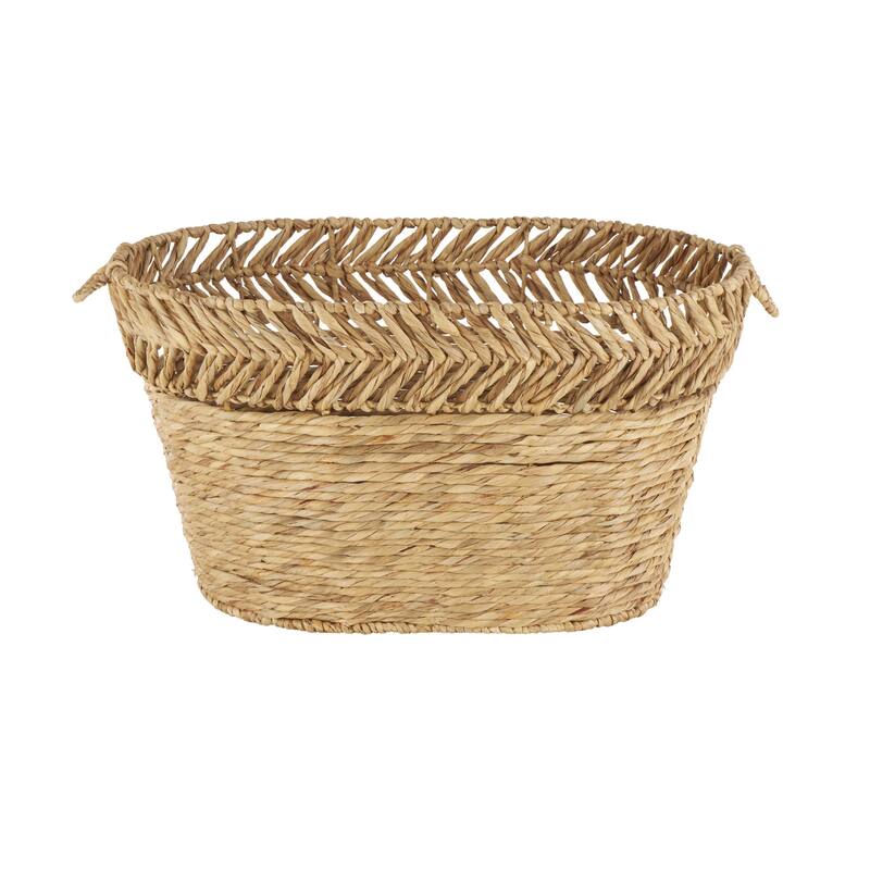 Brown Seagrass Handmade Large Woven Oval Decorative and Functional Storage Basket with Zig Zag Patterned Rim