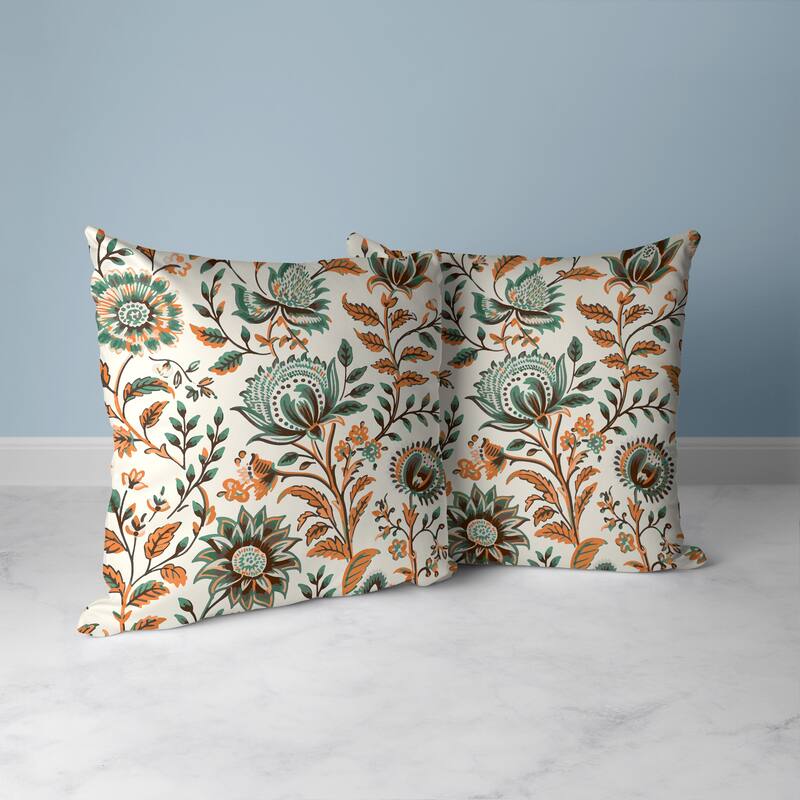 Orange And Teal Sanganeri Block Print Indoor/Outdoor Throw Pillow Zipper