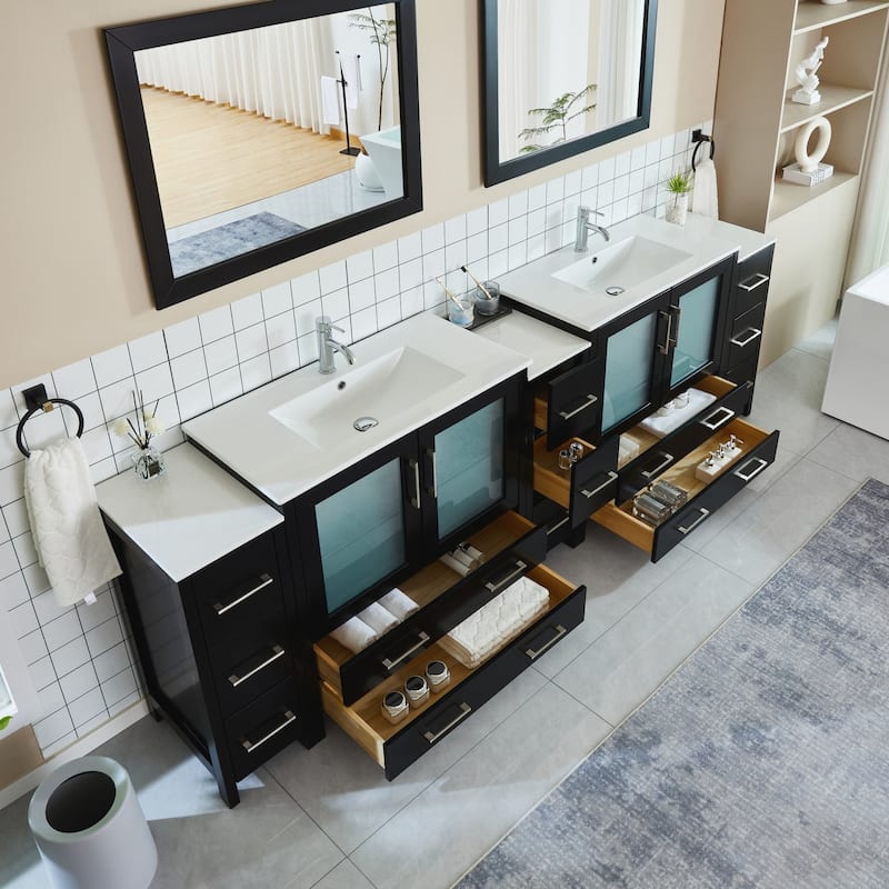 Vanity Art 108" Double Sink Bathroom Vanity Set 13 Dove-Tailed Drawers 3 Cabinets 2 Shelves Soft-Closing Doors with Free Mirror