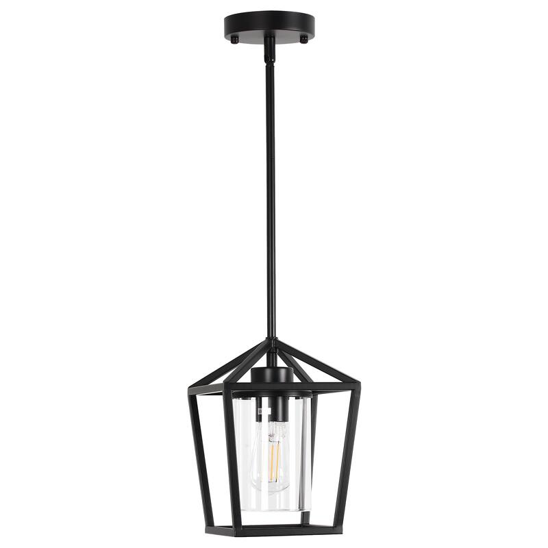 Matte Black Farmhouse Cage Pendant Light with Clear Glass Shade, Adjustable Height - 7.09 in.