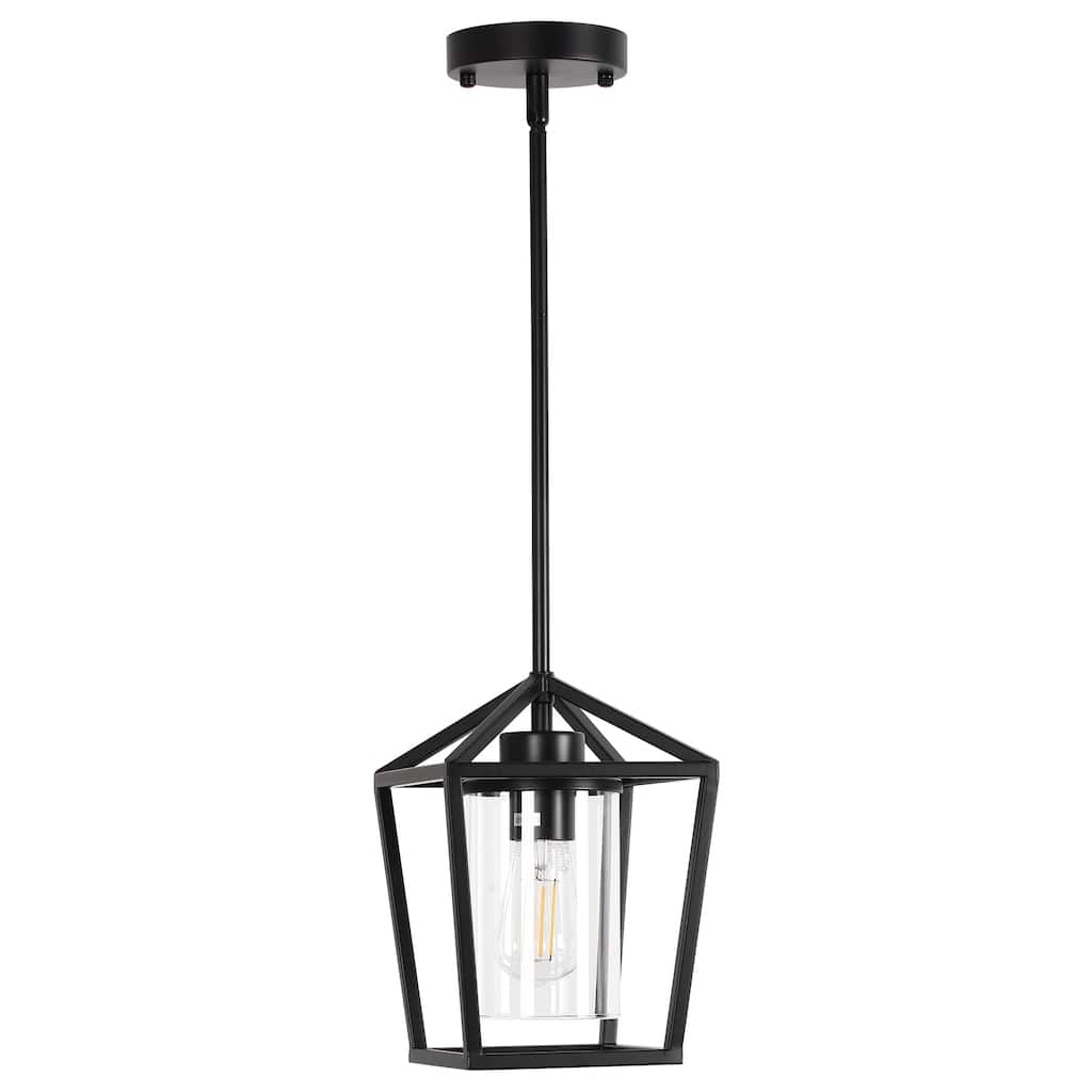 Matte Black Farmhouse Cage Pendant Light with Clear Glass Shade, Adjustable Height - 7.09 in.