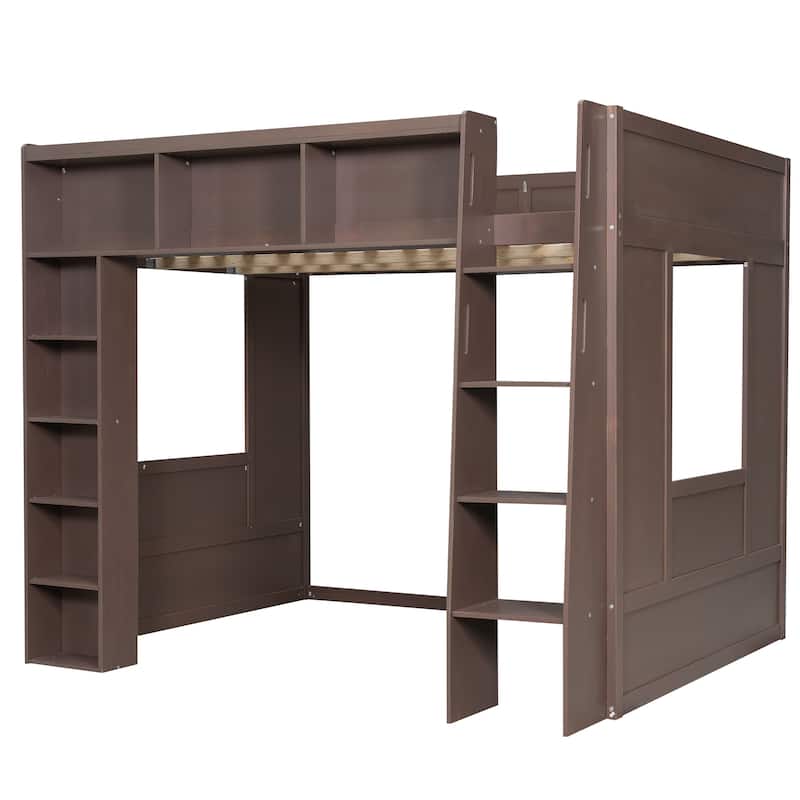 GDFStudio - StoreMax Modern Wooden Queen Loft Bed with Storage Cabinets and Shelves
