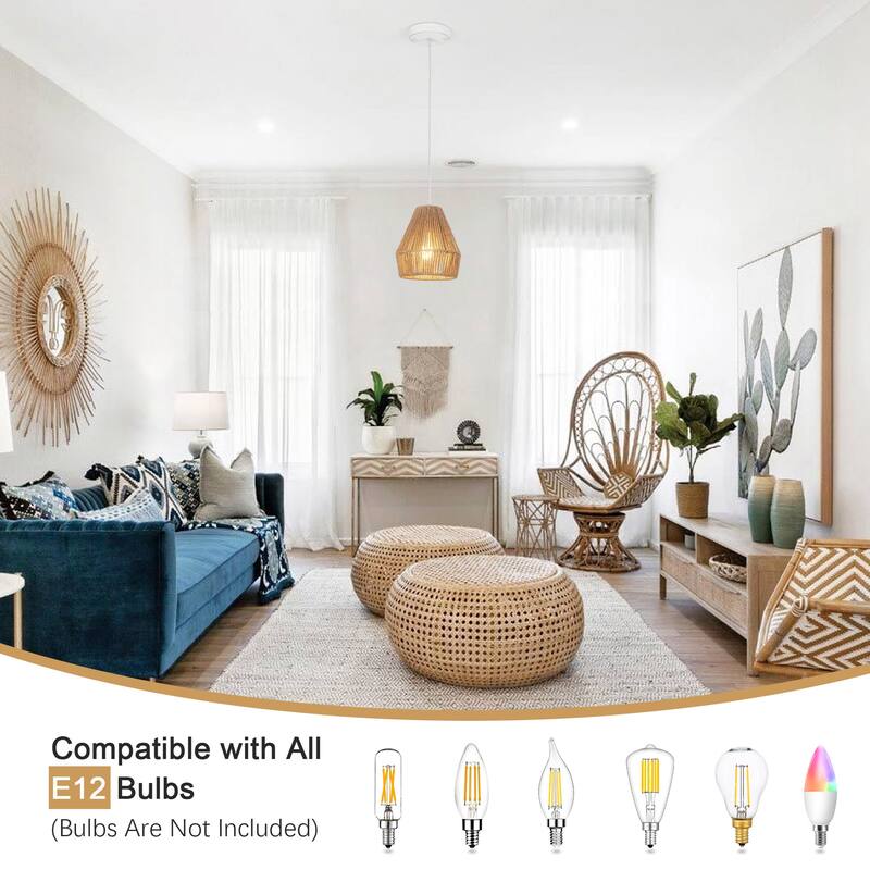 3-Light Metal Hanging Pendant Light Chandelier with Paper Rattan Shade for Kitchen Island