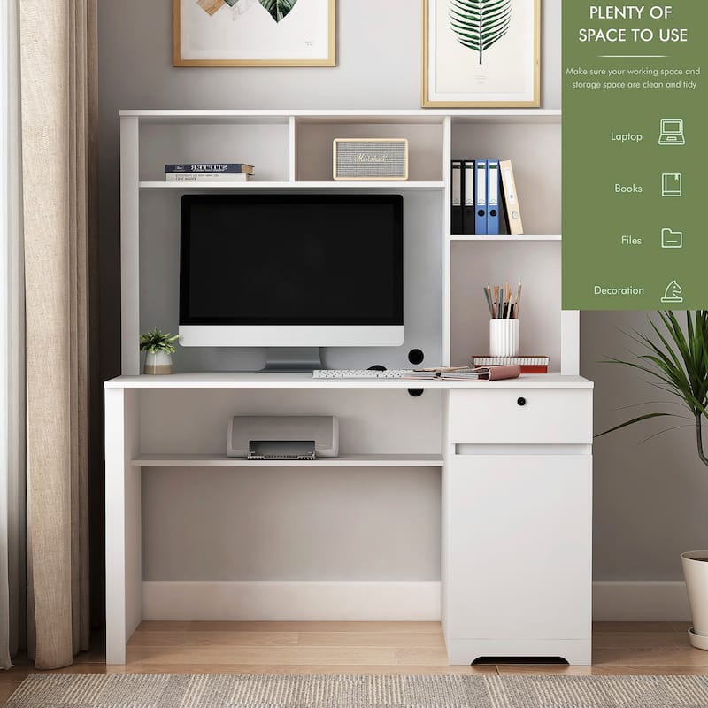 Roomfitters Computer Desk with Hutch & Bookshelf, Home Office Workstation, Space Saving Writing Table, Storage Shelves, White