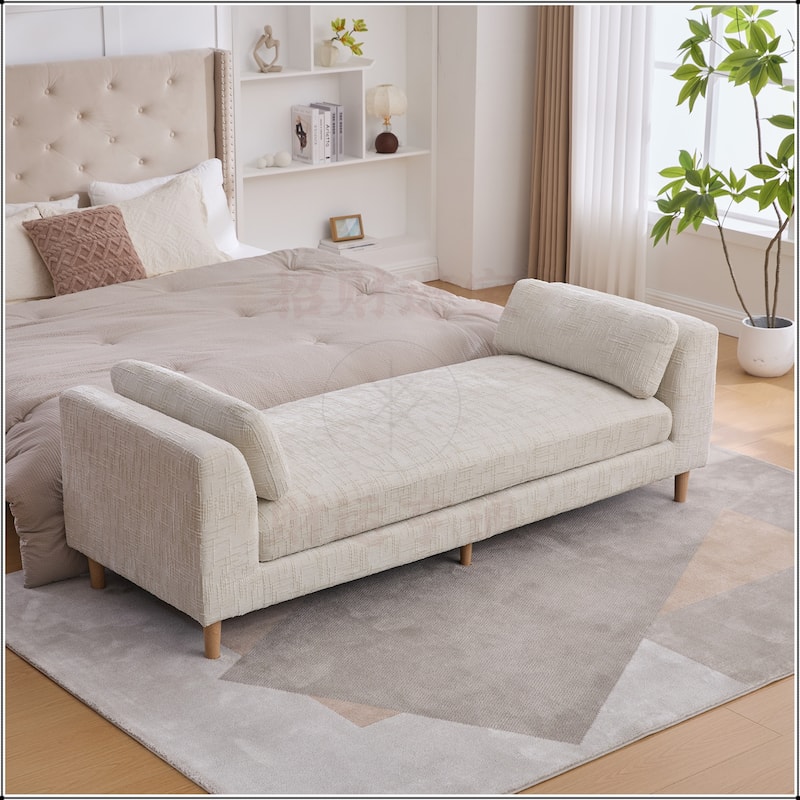 83.1"Wide Chenille Upholstered End of Bed Bench with Armrests - Beige
