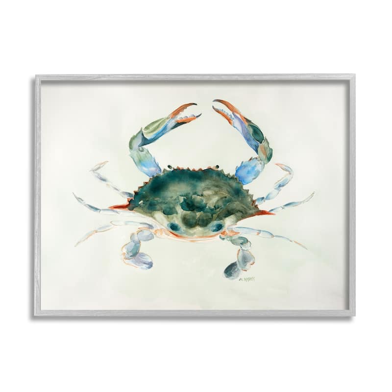 Stupell Blue Sea Crab Over Beige Soft Watercolors Framed Wall Art - Green - 11 x 14 - Grey