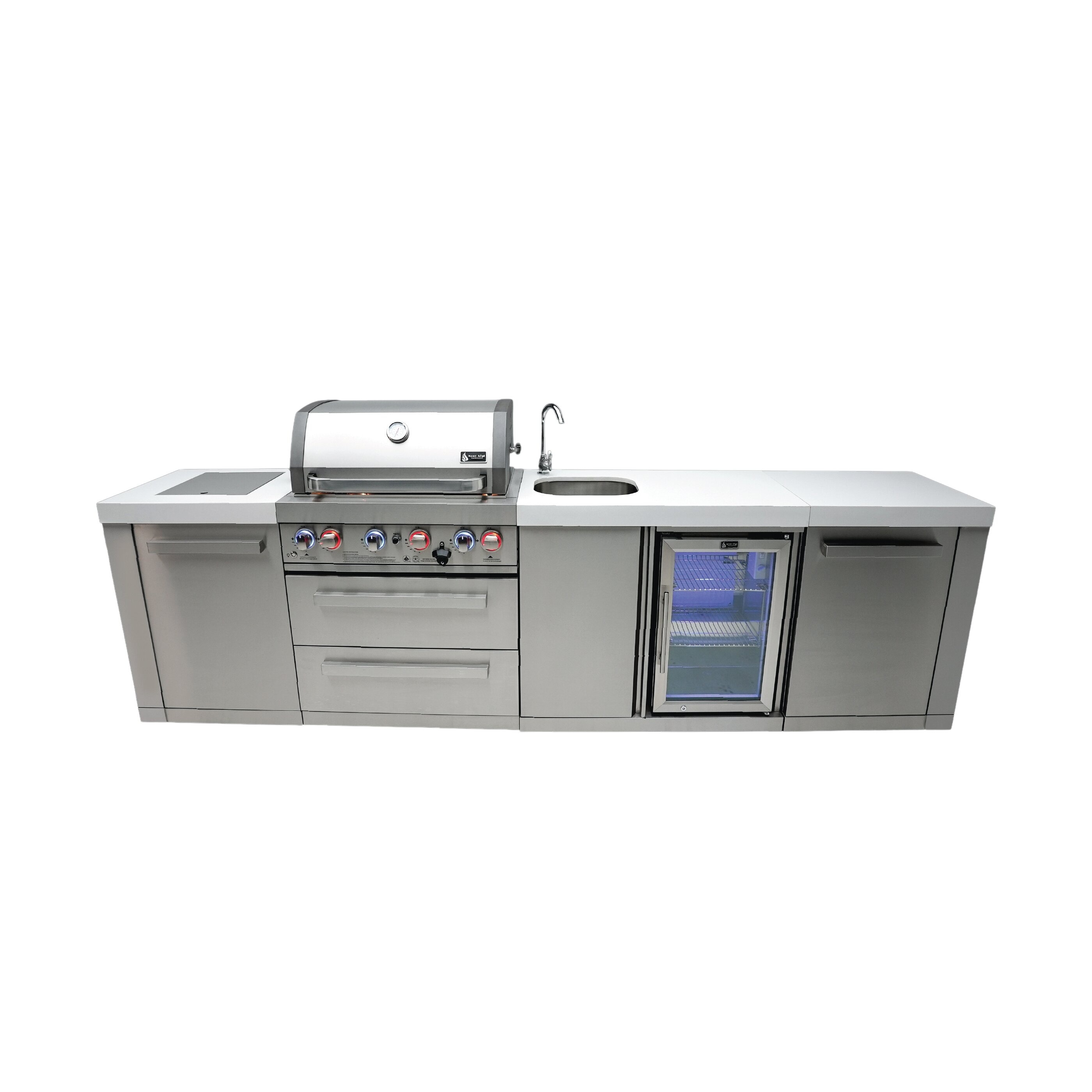 Mont Alpi 120"W Stainless Steel L-shaped Outdoor Kitchen Island with Refrigerator Faucet & Sink Combo + 32"W 4-Burner BBQ Grill
