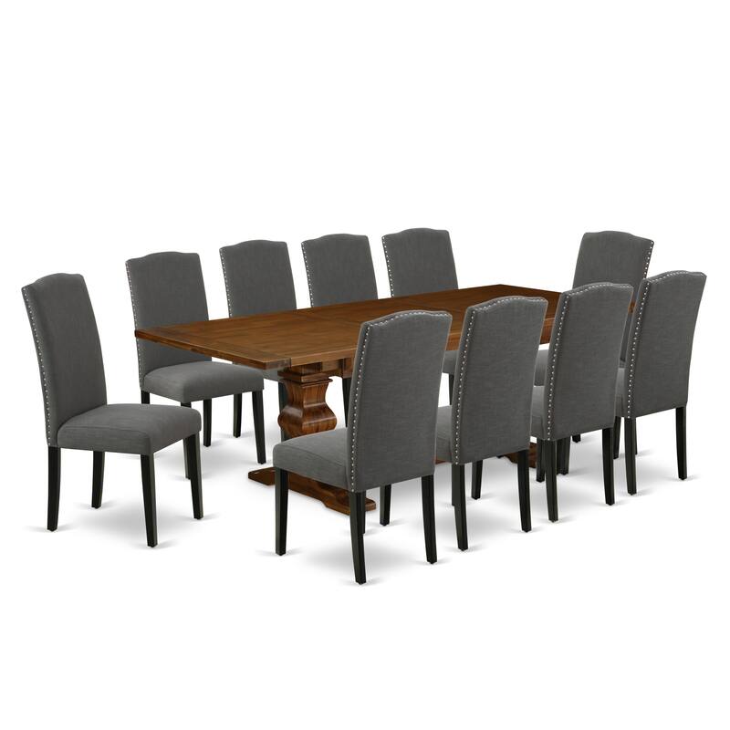 East West Furniture 11 Piece Dining Table Set- a Dinner Table and 10 Dark Gotham Linen Fabric Parson Chairs(Finish Options)
