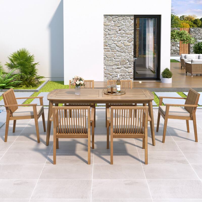 7-Piece Acacia Wood Outdoor Dining Set - 70.75" Table & 6 Chairs with Removable Cushions for Patio Garden