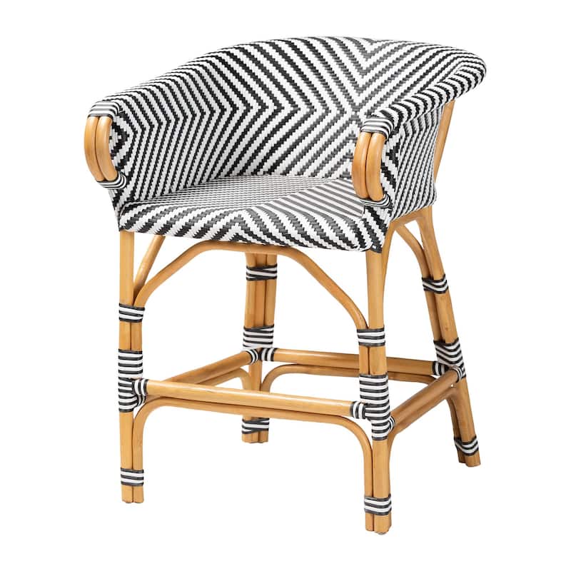 Max Rattan Bistro Counter Stool - Handwoven Cafe-Style Accent Seating with Backrest For Kitchen Island or Indoor/Outdoor Lounge - Natural Brown/Black/White