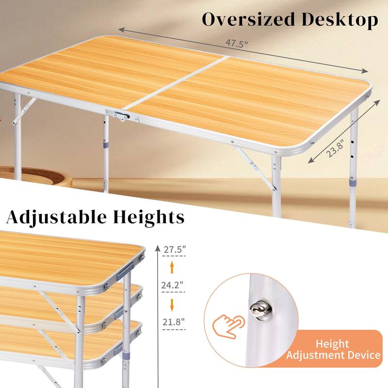 Portable Folding Table with Aluminum Frame and Wood Grain Top