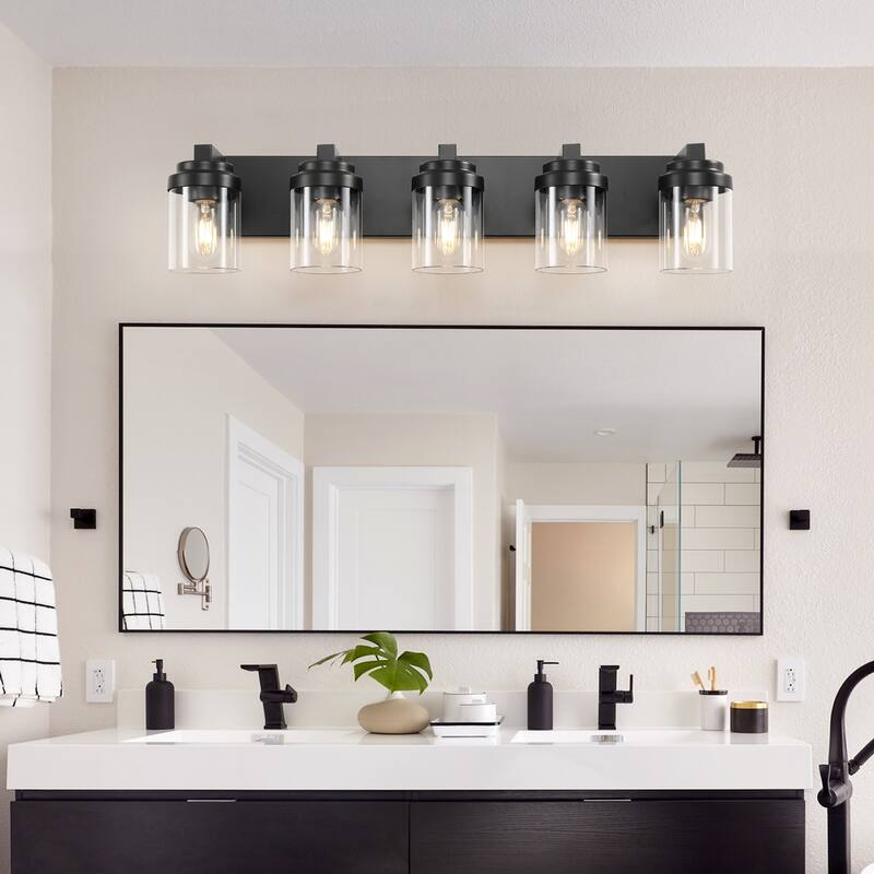 5-Light Bathroom Vanity Light Bathroom Light Fixtures Over Mirror, 31" Black Vanity Lights with Glass Shade