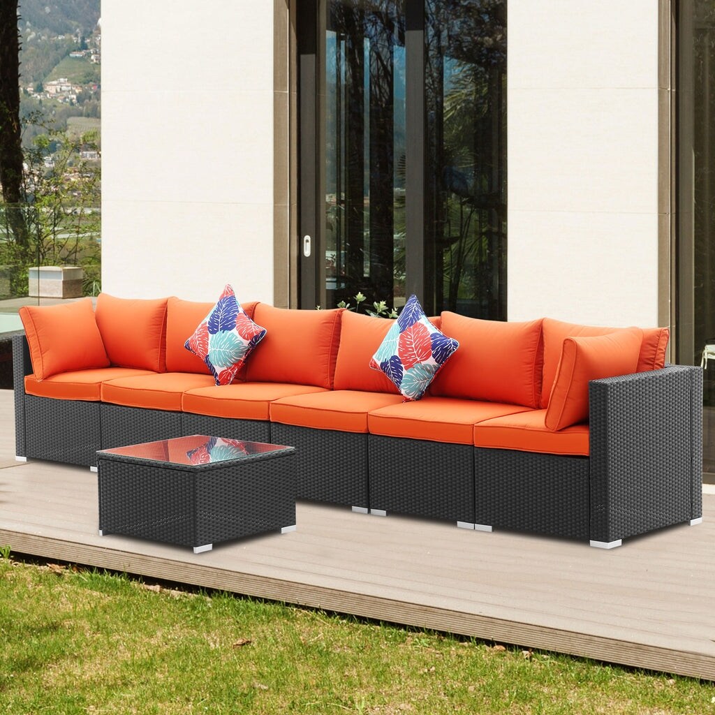 2-7 PCs Rattan Wicker Sofa Set Sectional Orange Cushion Patio Furniture 