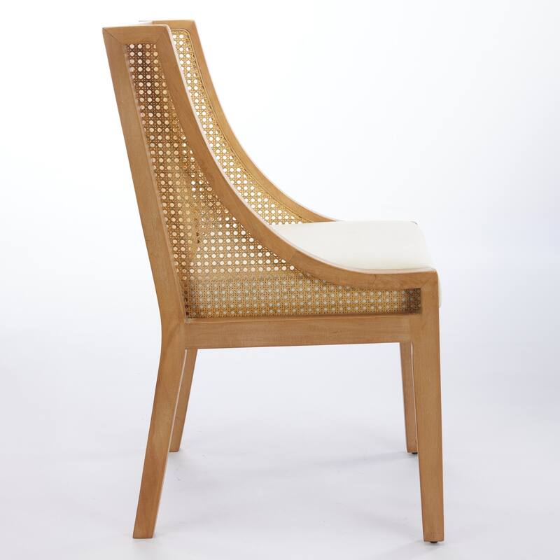 Rattan Dining Chairs, Solid Wood Frame with Decorative Armrests, Linen Upholstered Seat, Wooden Style Side Chairs,Single Pack