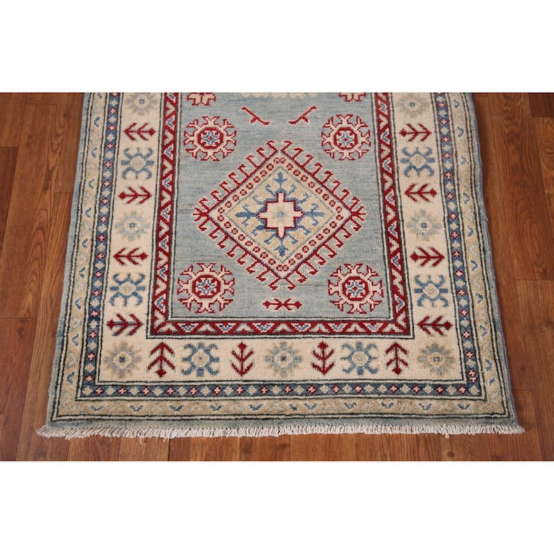 Geometric Kazak Oriental Runner Rug Hand-Knotted Blue Wool Carpet - 2'3" x 13'2"