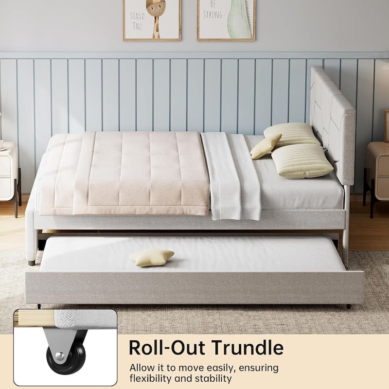 Twin to Full Trundle Upholstered Platform Bed with Headboard, Wood Slat Support, Ideal for Guest or Kids Room