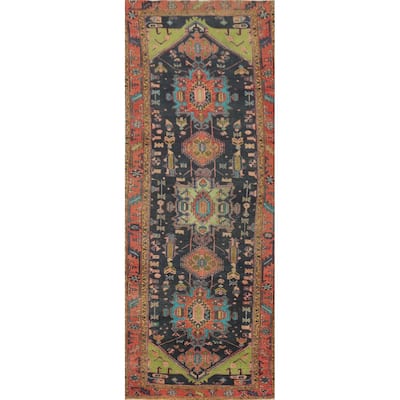 Hand Knotted Oriental 100% Wool Carpet Traditional Geometric Navy Blue & Blues Tabriz Runner Rug - 10' 11'' X 3' 4''
