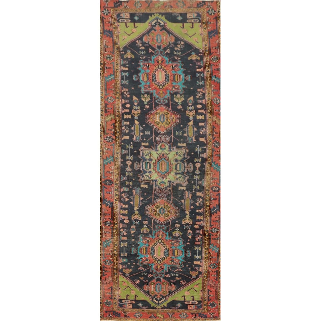 Hand Knotted Oriental 100% Wool Carpet Traditional Geometric Navy Blue & Blues Tabriz Runner Rug - 10' 11'' X 3' 4''