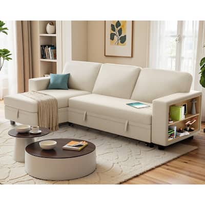 Furniwell L Shaped Sleeper Sofa Bed Fabric Convertible Sectional Couch with Storage Space 2 Built-in Bookshelves, Living Room