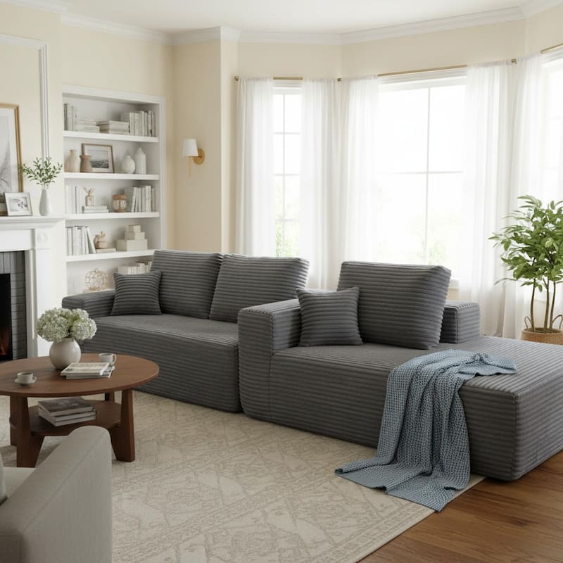 Homy Casa 105" Cloud Sectional Sofa with Chaise, Deep-Seat Modular Couch, No Assembly, Plush Corduroy