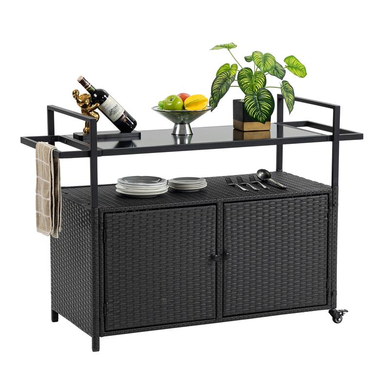 Anmytek Rolling Outdoor Wicker Bar Cart Rattan Beverage Serving Cart with Wheels Glass Top Black for Patio Poolside