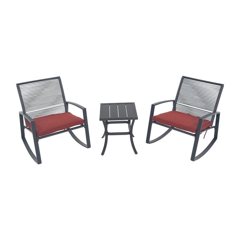 Domi Outdoor 3-Piece Wicker Rocking Chair Set, Patio Conversation Set with Removable Textilene Cushions & Metal Coffee Table