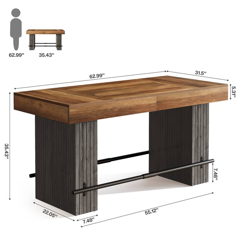 62.2-Inch Bar Table, Industrial Counter Height Pub Dining Table with Metal Footrest - Rustic Brown