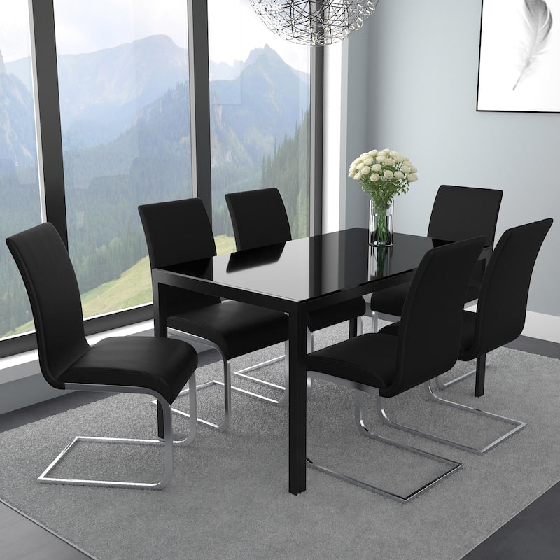 Contemporary Faux Leather and Metal Dining Chair, Set of 4 - Black and Chrome