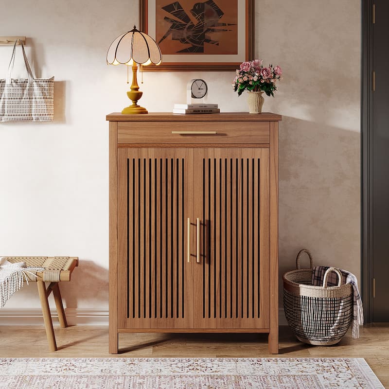 Shoe Storage Cabinet with Louvered Doors & Drawer, Wooden Shoe Rack for Closet, Entryway