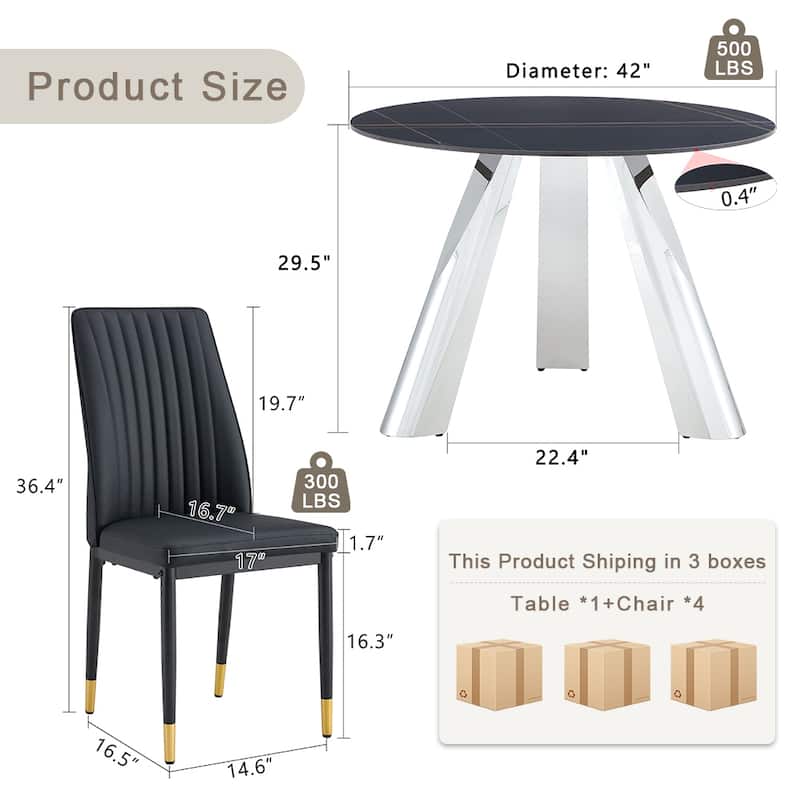 A 42-inch round black dining table with a granite top and stainless steel legs, paired with four PU material dining chai