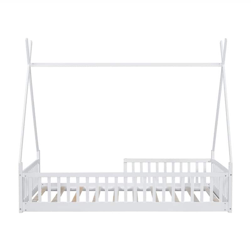 Twin Size House Floor Bed with Fence, Wooden House Shaped Montessori Bed with Triangulat Design for Kids