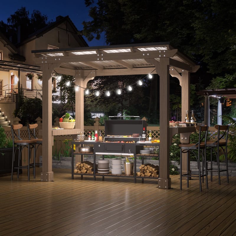 VEIKOUS Wood BBQ Grill Gazebo with Steel Roof for Patio Garden Backyard and Lawn
