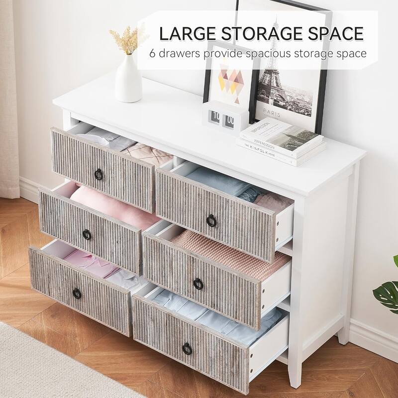 Fluted 6 Drawer Dresser for Bedroom, 47" Wide Modern Wooden Chest with Wavy Panel & Metal Handles