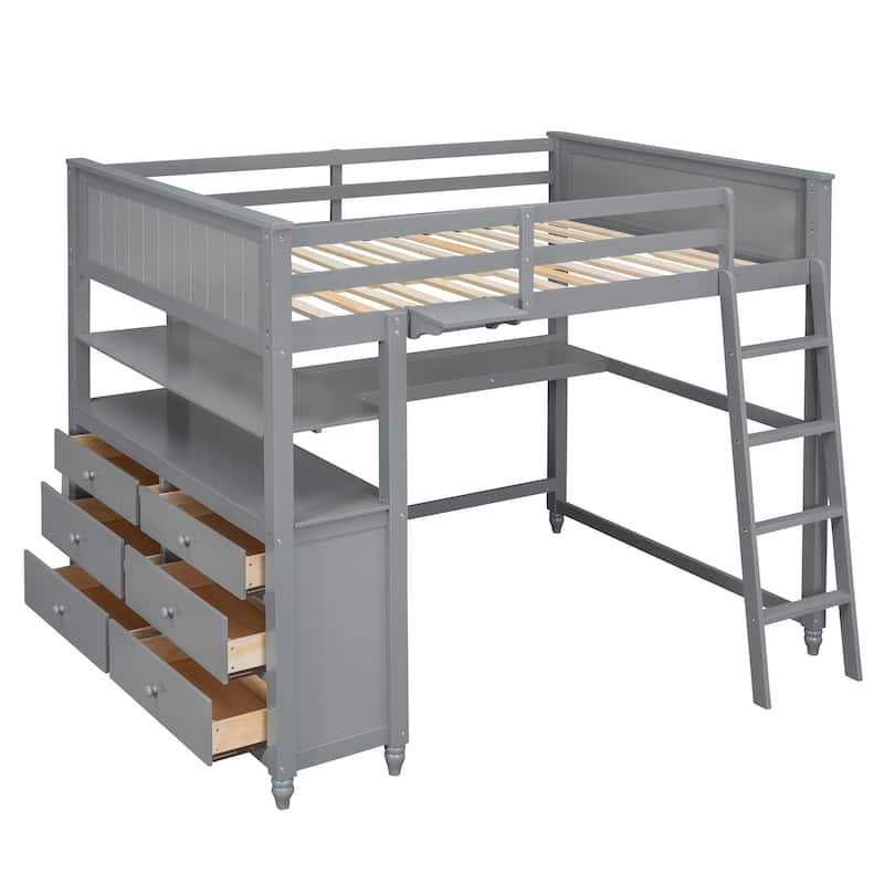 Space-Saving Full Loft Bed with Desk, Drawers, and Shelves in Gray
