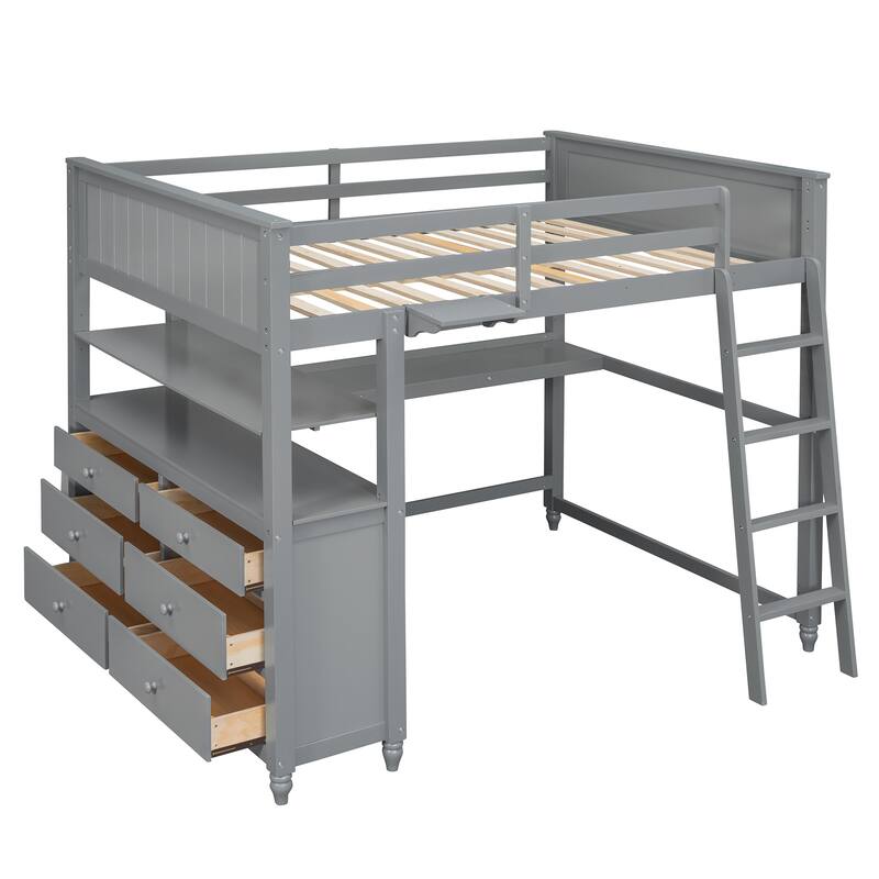 Wooden Full Loft Bed with Built-in Desk, Storage Drawers, and Shelves, Ideal for Small Bedrooms, No Box Spring Needed