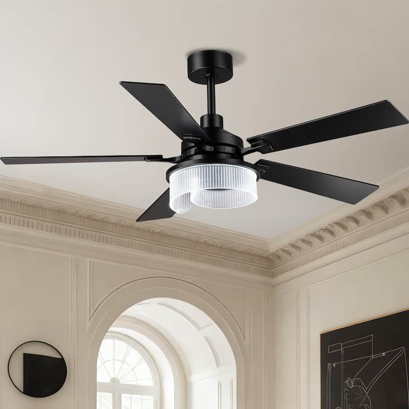 52" Modern Matte Black Reversible 5 Blades Dimmable LED Ceiling Fan with Light and Remote