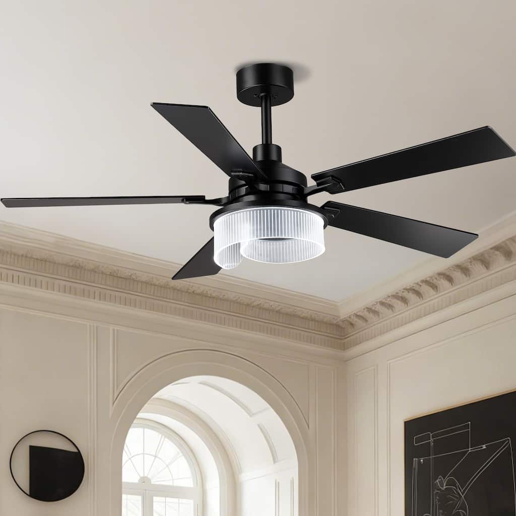 52" Modern Matte Black Reversible 5 Blades Dimmable LED Ceiling Fan with Light and Remote