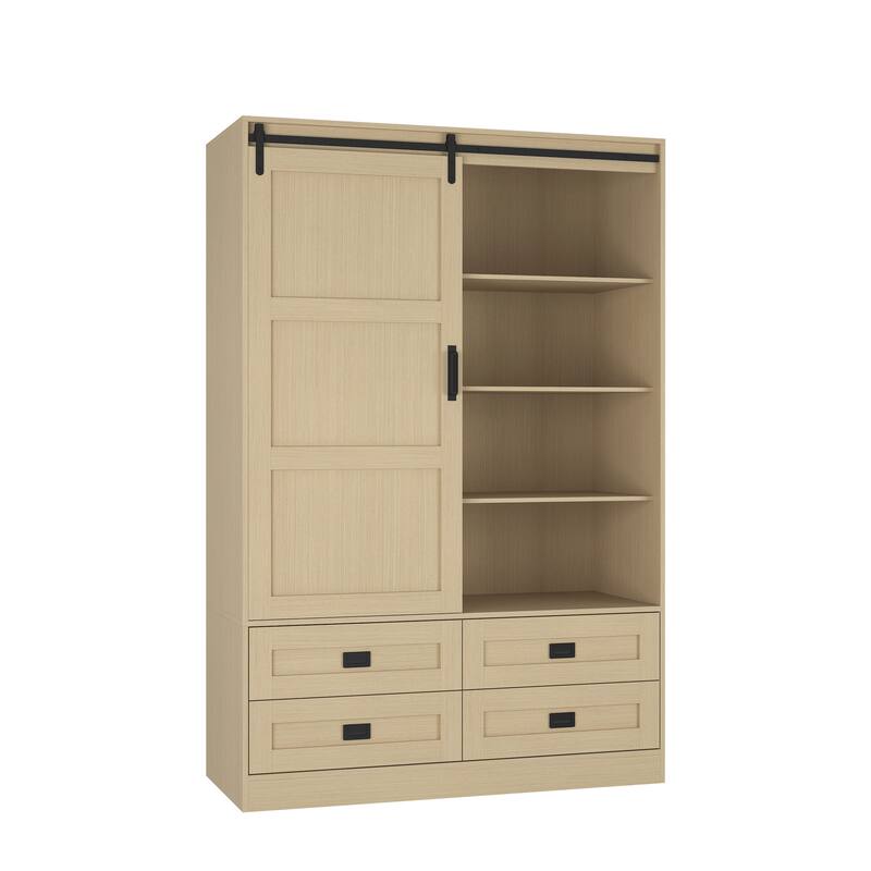 Premium Tall Bedroom Wardrobe with Sliding Barn Doors‌ – Features Hanging Rod, Drawers & Open Shelves for Versatile Storage