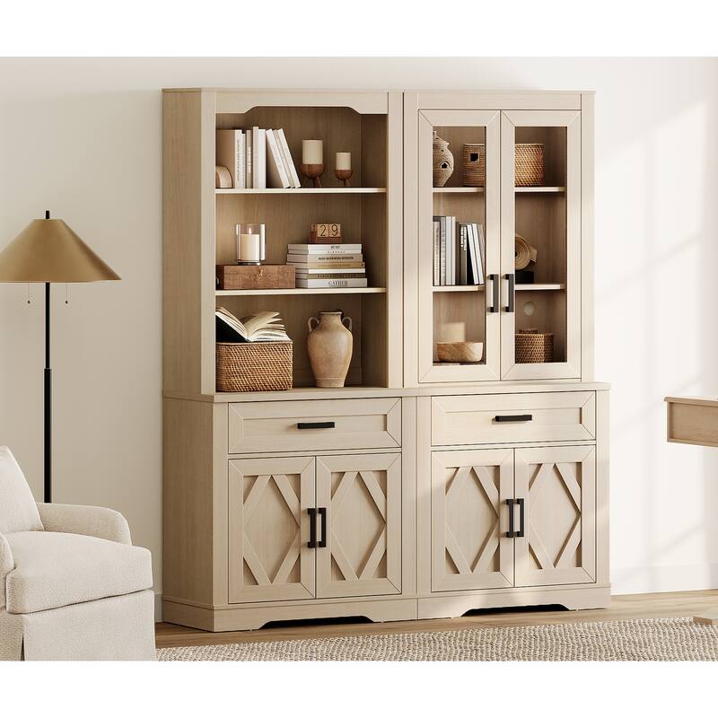 5 Tier Bookcase with Barn Door,73.3" Tall Open Storage Bookshelf