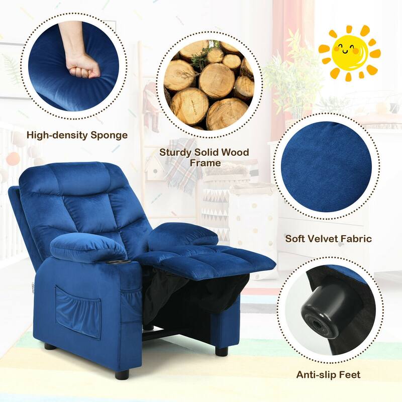 Gymax Kids Youth Recliner Chair Velvet Fabric w/Cup Holder & Side