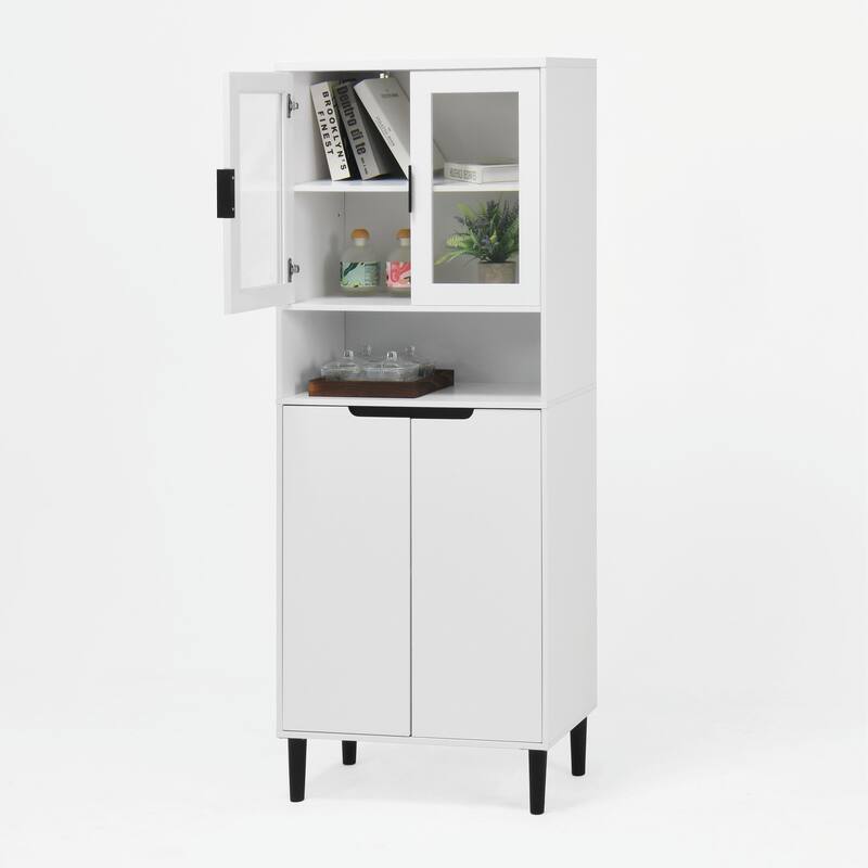Tall Kitchen Pantry Cabinet with 2 Glass Display Doors & 2 Solid Doors