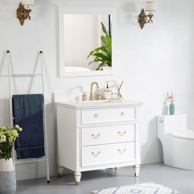 35'' H X 36'' W Solid Wood Bath Vanity with Stain-resistant Carrera White Quartz Top and Single Sink