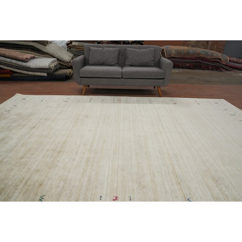 Hand Knotted Oriental Viscose Silk Carpet Tribal Animal Pictorial Beige & Ivories Gabbeh Area Rug - 11' 9'' X 8' 8''