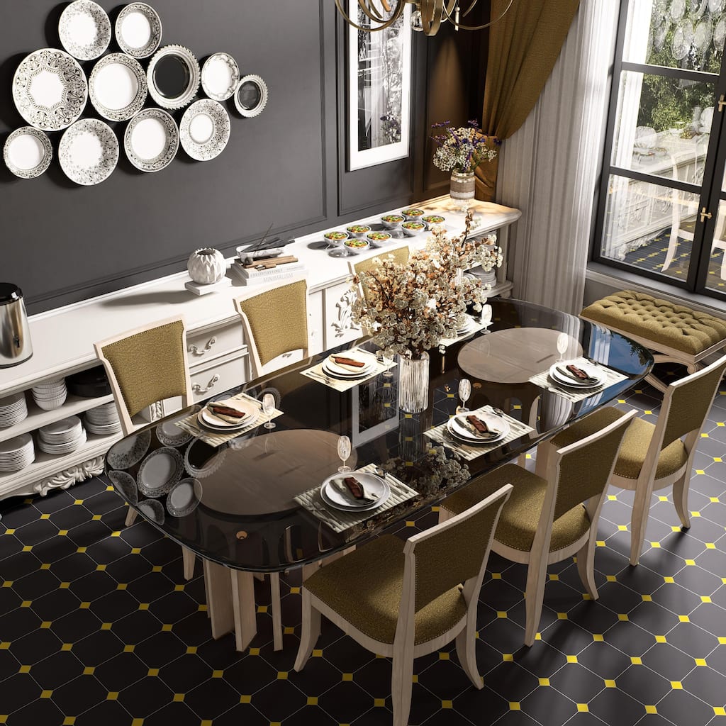 Merola Tile Vaudeville Octagon Antracita with Taco Lima 7-7/8" x 7-7/8" Porcelain Floor and Wall Tile