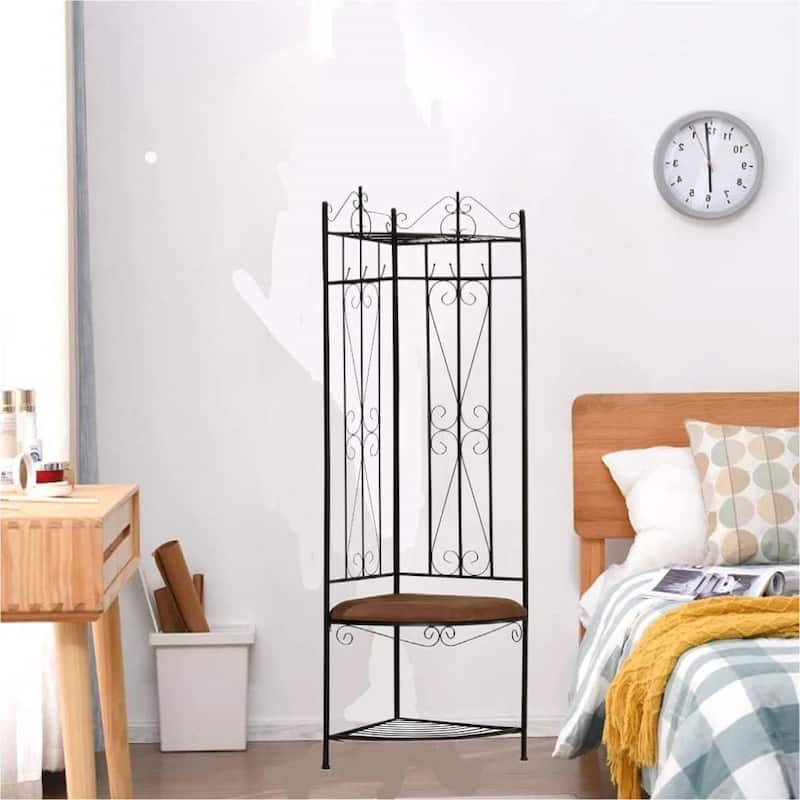 Black Metal Scrolling Corner Hall Tree Coat Rack Storage Bench - Multi