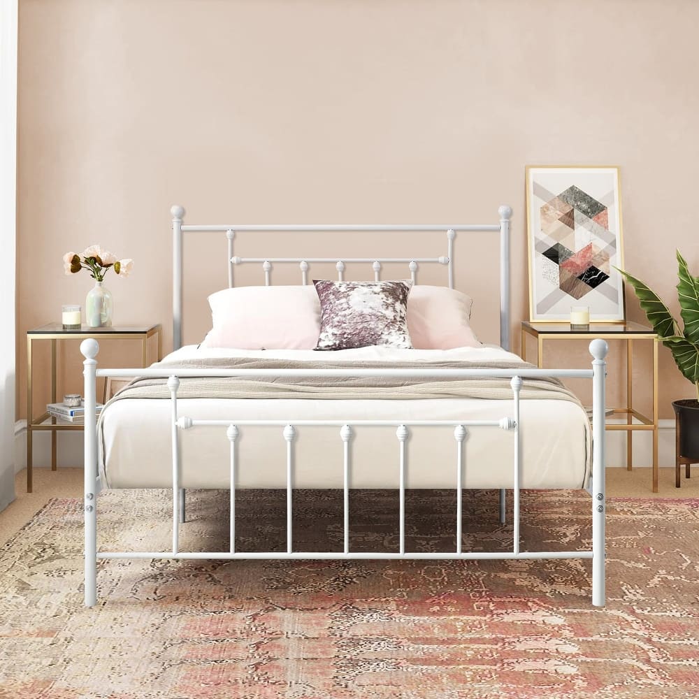 Victorian Steel Slat Bed Frames Twin /Full Queen Beds, White/Black-2 Color Options